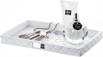 Creative Scents Quilted Mirror Vanity Trays for Bathroom – Decorative Cosmetics Organizer - Durable Resin -Bathroom Tray for Arranging Perfume/Jewelry/Makeup - Elegant Bathroom Accessories (White)