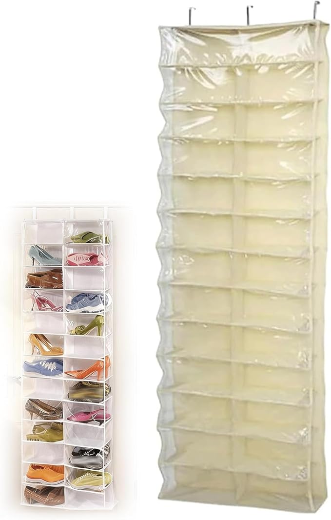 Over The Door Sweatshirt Organizer, Hoodie Organizer For Closet, 26-Pocket Hanging Clear Door Shoe Organizers, Portable Hoodie Storage Organizers - Large 63" x 22" Foldable (Beige)