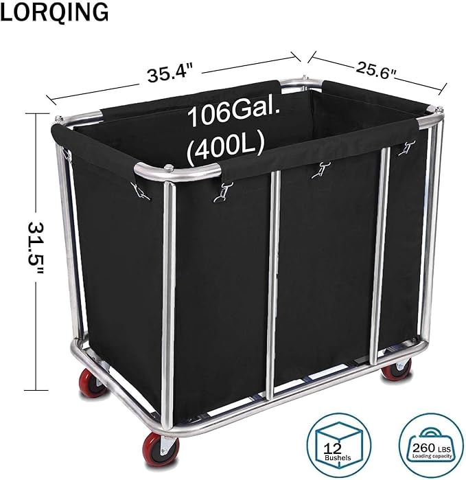 105 Gal Rolling Laundry Basket, Commercial 400L Large Capacity Heavy Duty Clothing Laundry Cart with Stainless Steel Frame and Removable Bag