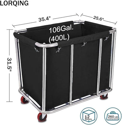 105 Gal Rolling Laundry Basket, Commercial 400L Large Capacity Heavy Duty Clothing Laundry Cart with Stainless Steel Frame and Removable Bag