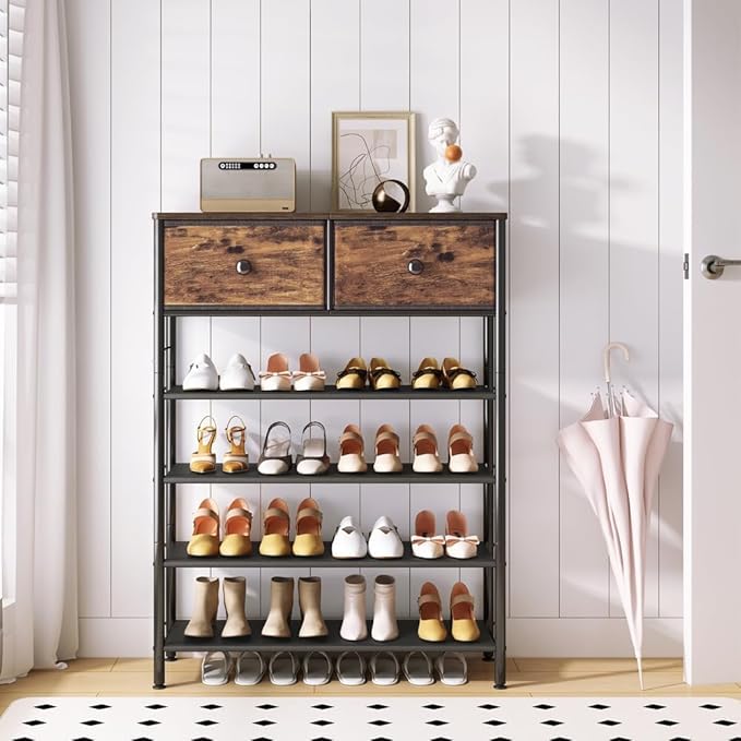 INGIORDAR Shoe Rack Organizer 5 Tier Metal Organizer Shelf with Industrial MDF Board and Layer Fabric for Entryway Closet Bedroom Living Room Garage (Black+Rustic Brown, 5 Tier with 2 Drawers)