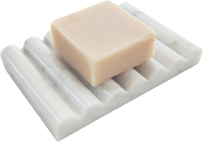 White Marble Soap Dish, Stone Self Draining Soap Holder, Sponge Holder for Bathroom, Sink, Kitchen, Jewelry Ring Dish (Carrara White)