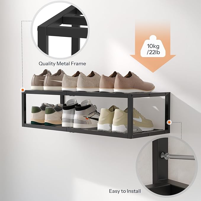 HOOBRO Wall-Mounted Shoe Rack, 2 Pack Hanging Metal Shoe Shelf, Space-Saving Shoe Storage Organizer, Holds 12-16 Pairs, Shoe Holder for Entryway, Closet, Small Spaces, Black BK44XJP201