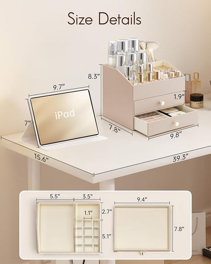 VLANDO Makeup Organizer for Vanity,Large Capacity Countertop Organizer with Drawers, PU Leather Cosmetic Display Case for Lipstick,Brushes,Skincare,Bedroom Storage (Toffee)