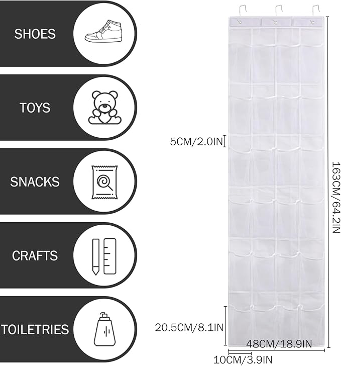 Shoe Hanger for Door 24 Mesh Pocket over the Door Shoe Organizer Space Saving Hanging Storage Holder with Hooks 64x19 Inch White