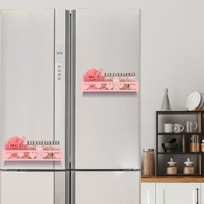 Beeveer 2 Pack Heart Magnetic Spice Rack for Refrigerator Metal Magnet Basket Shelf for Fridge Seasoning Storage Organizers Home Decor Kitchen Accessories (Pink)