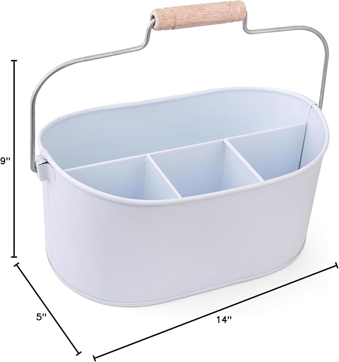 Alpha Living Home Farmhouse 4 Section Galvanized Utensil Caddy - Versatile Organizer for Kitchen, Party & Outdoor Events Rustic Silverware Holder, Cutlery Organizer, Picnic (White)