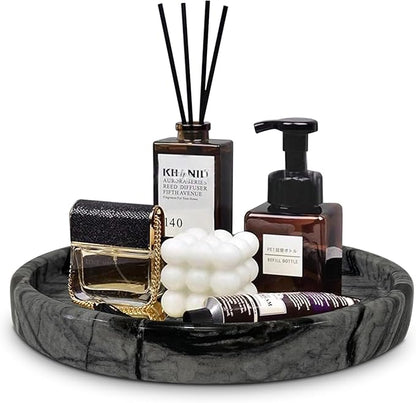 Travertine Tray, Small Ceramic Vanity Tray for Bathroom Counter Decor, Round Marble Decorative Trays for Coffee Table (Grey Black, Medium Size)