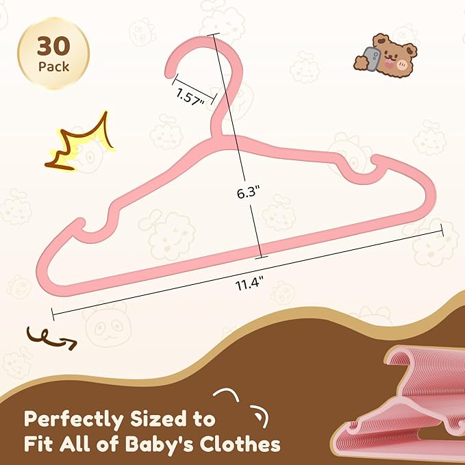 VILICK Plastic Kids Hangers - 30 Pack Non-Slip Baby Clothes Hangers for Closet, Toddler & Newborn Clothing Pants, Skirts, Coats (Pink)