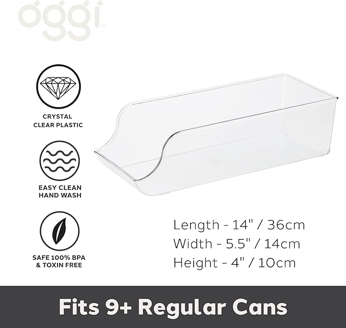 OGGI Soda Can Holder - Comfortably Holds 9 Cans (14" x 5.5" x 4") - Ideal for Kitchen Organization, Pantry Storage, Fridge Organizing, Clear