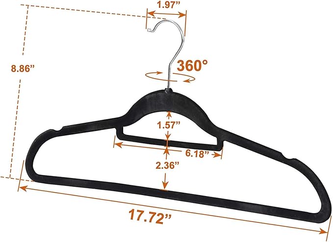 Suit Hangers Ultra Thin Velvet Coat Hangers Non Slip Flocked Clothes Hanger 360°Swivel Hook 100 Pack/Lot，Black