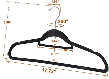 Suit Hangers Ultra Thin Velvet Coat Hangers Non Slip Flocked Clothes Hanger 360°Swivel Hook 100 Pack/Lot，Black