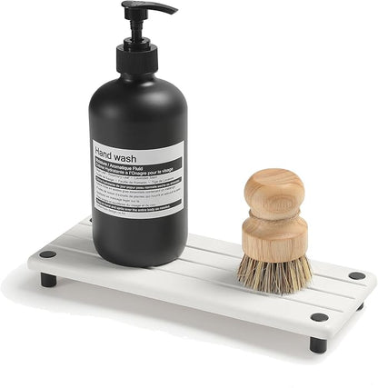 Razborci Instant Dry Sink Caddy Kitchen Sink Organizer, Quick Drying Diatomaceous Earth Stone Sink Tray Sponge Holder Soap Dish, Bathroom Countertop Vanity Dispenser Toothbrush Bottle, White, 10" x 4"