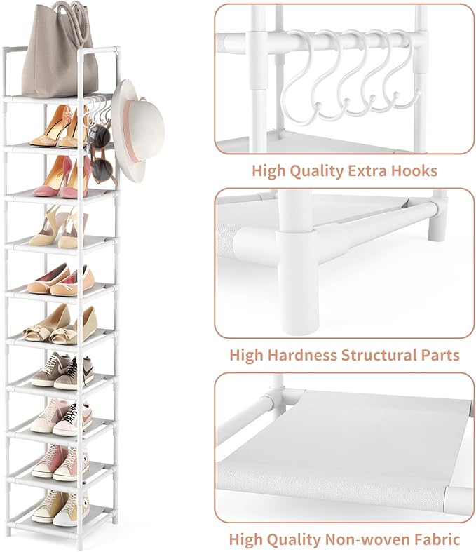 LANTEFUL Tall Narrow Shoe Rack 10-Tier Skinny Shoe Shelf Storage for 10-15 Pairs Shoes and Boots, Space Saving Corner Shoe Rack Organizer for Closet, Entryway, Garage, Living Room,White