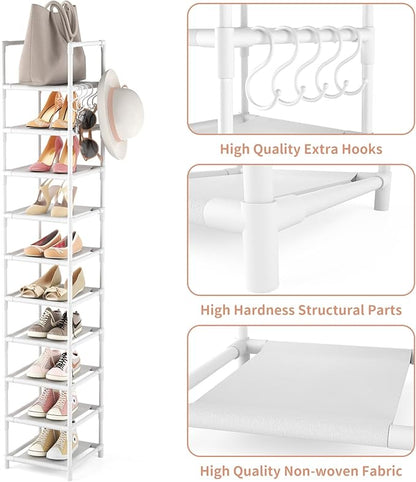 LANTEFUL Tall Narrow Shoe Rack 10-Tier Skinny Shoe Shelf Storage for 10-15 Pairs Shoes and Boots, Space Saving Corner Shoe Rack Organizer for Closet, Entryway, Garage, Living Room,White