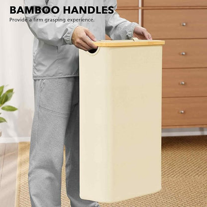 SpaceAid Slim Laundry Hamper with Lid, 65L Narrow Clothes Basket Bin with Bamboo Handles, Skinny Tall Collapsible Hamper for Bedroom, Bathroom, Dorm, Laundry Room - Beige