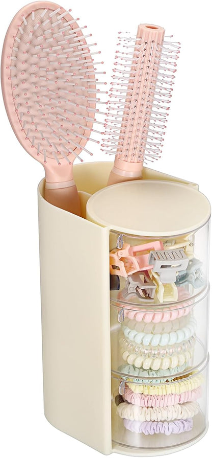 Plastic Hair Accessories Organizer with Hair Brush Holder Spinning Makeup Storage Container for Vanity Bathroom Countertop, 3-Layer Yellow