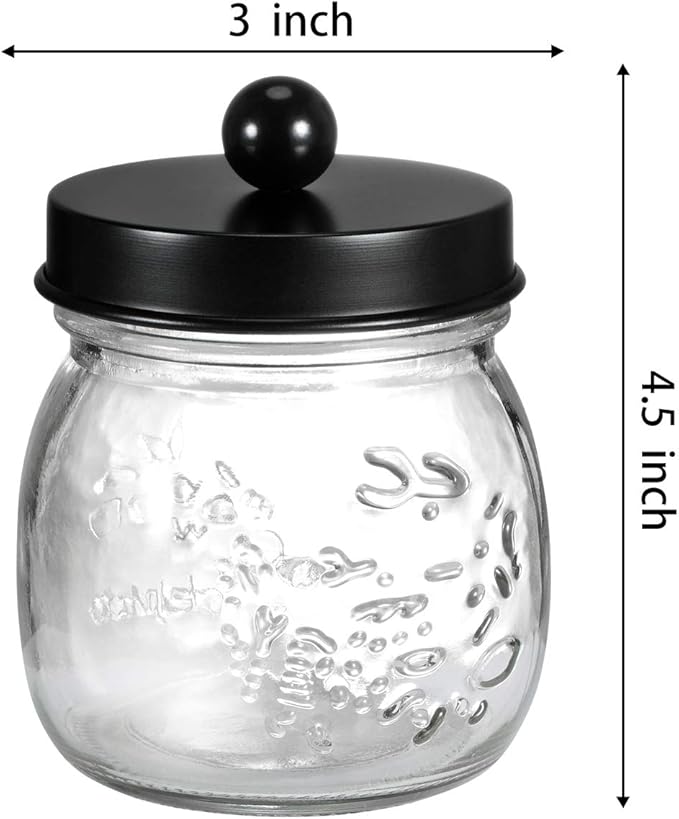 SheeChung Small Mason Jar, Glass Qtip Holder, Apothecary Jars with Lids, Bathroom Organizers and Storage, Bathroom Canister for Q-tips, Cottons, Floss, Balls, Cotton Swabs, Farmhouse Decor-Black