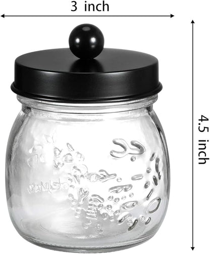 SheeChung Small Mason Jar, Glass Qtip Holder, Apothecary Jars with Lids, Bathroom Organizers and Storage, Bathroom Canister for Q-tips, Cottons, Floss, Balls, Cotton Swabs, Farmhouse Decor-Black