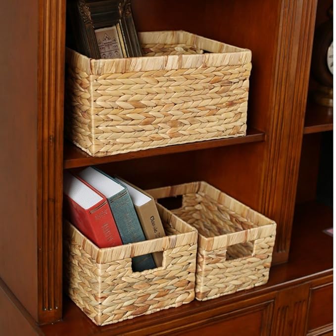 Woven Natural Water hyacinth basket Rectangular organizer basket with Handle for Desktop, Bathroom, Entryway,Kingwillow.(Small)