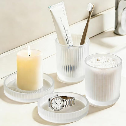 Glass Qtip Dispenser 2 Pack, Clear Bathroom Storage Organizer for Cotton Swabs, Balls, Pads & Floss Picks, Vanity Makeup Essential Accessories (Frosted white)