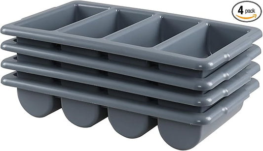 4 Pack Plastic Commercial Cutlery Bin, 4 Compartment Commercial Silverware Bin, Gray