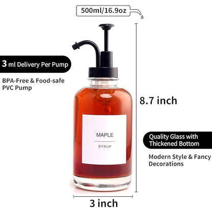 Glass Syrup Pump Bottle Dispenser for Coffee Bar Accessories with 84 Labels (Set of 2), 16.9 oz, Matte Black