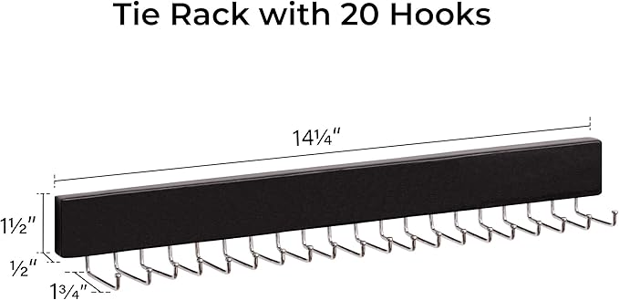 StorageWorks Tie Rack with 20 Hooks, 2-Pack Wall-Mounted Wooden Hangers for Neckties, Belts, Hats, Black