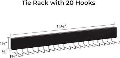 StorageWorks Tie Rack with 20 Hooks, 2-Pack Wall-Mounted Wooden Hangers for Neckties, Belts, Hats, Black