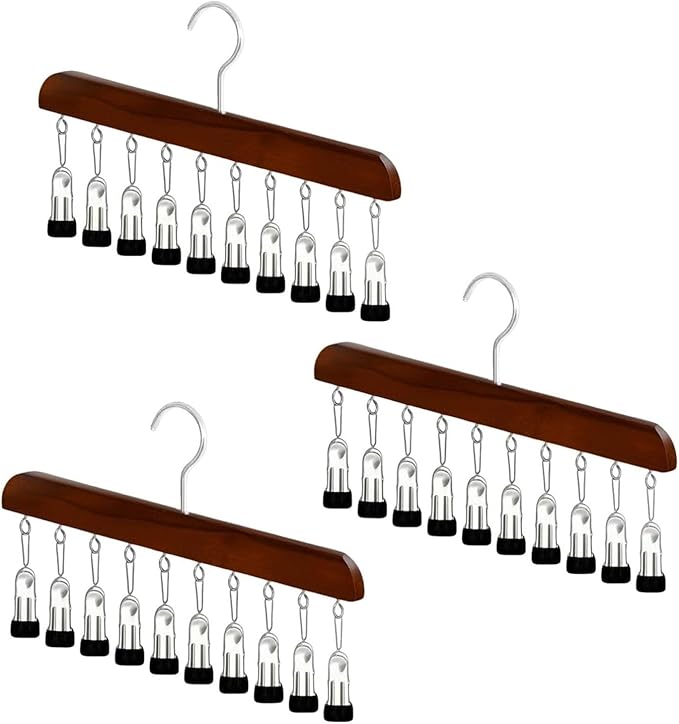 10-Clip Hanging Closet Organizer, Space Saving Pants Hanger with Adjustable Clips, Multi-Layer Garment Rack for Ties, Scarves, Belts, Clothes Storage(3*Vintage)