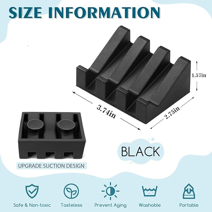 Self Draining Silicone Soap Dish with Suction Cups - Non-Slip Bar Soap Holder for Shower & Kitchen, Waterfall Tray Keeps Soap Dry, Easy Clean, Extends Soap Life (Black, 1 Pack)