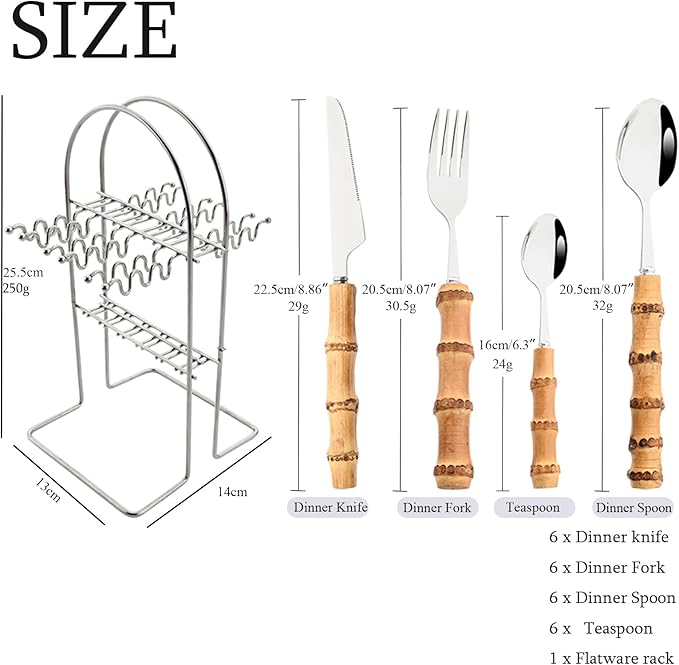 24-Piece Bamboo Flatware Set, Silver Stainless Steel Tableware Set With Cutlery Holder, Kitchen Utensils For Home And Restaurant Daily Use, Mirror Polish, Service For 6