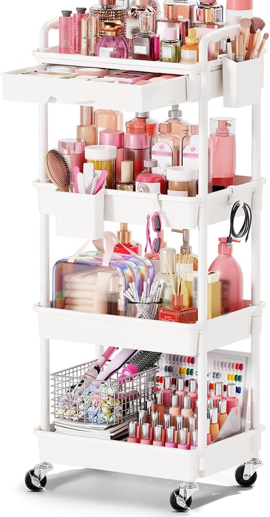 Goovilla Rolling Makeup Organizer Cart with Removable Drawer, 4 Tier Stable White Floor Skincare Storage Cart for Vanity, Cosmetic Display, Nail Polish, Perfume, Hair Stuff, Beauty, Bathroom(Plastic)