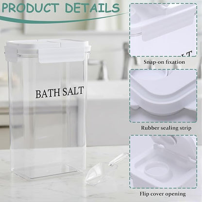 Bath Salt Jar, 78 oz Plastic Bath Salt Container with Scoop, Airtight Storage with Locking Lids, Stackable Clear Canister for Epsom Salt, Bathtub Accessories