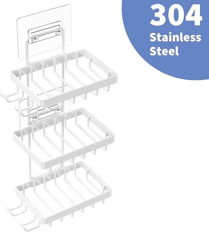 Moforoco 3-Tier White Soap Bar Holder for Shower, No Drilling, 304 Stainless Steel, Wall Mounted Soap Holder with 4 Hooks and Razor Holder, Shower Rack Soap Tray Bar Soap for Bathroom Accessories