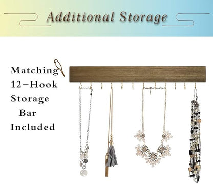 GLANT Rustic Wall Mounted Jewelry Organizer with Wooden Barndoor Decor， Wall Mount Holder,Jewelry holder for Necklaces, Earings, Bracelets，Ring Holder. Includes matching hook organizer (wood color)