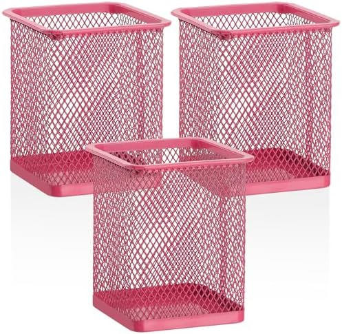 Segarty Pen Cup Holder, 3 Pack Square Dark Pink Pen Holder for Desk, Cute Mesh Pencil Cups Container Set for Office Supply, School Classroom, Home Desktop Storgae and Organization, Brushes Organizer by Segarty