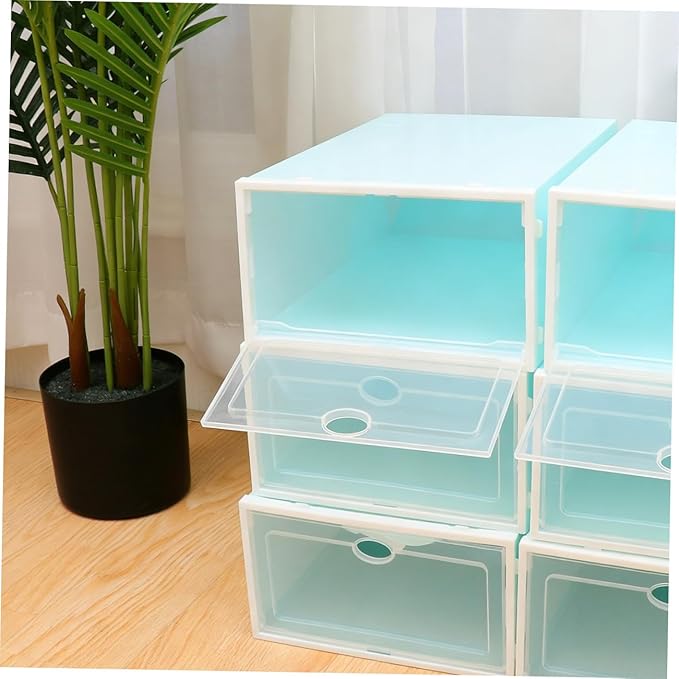MAGICLULU 6pcs Stackable Thickened Plastic Shoes Storage Boxes with White Frame Blue Lid for Women, Sturdy Shoe Organizer for Closet and Travel Storage