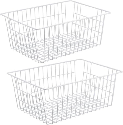 iPEGTOP Wire Storage Freezer Baskets, Set of 2 13.4" Household Organizer Storage Bins Fridge Basket Rack with Handles for Kitchen Cabinets, Pantry, Office, Bathroom Organization - White