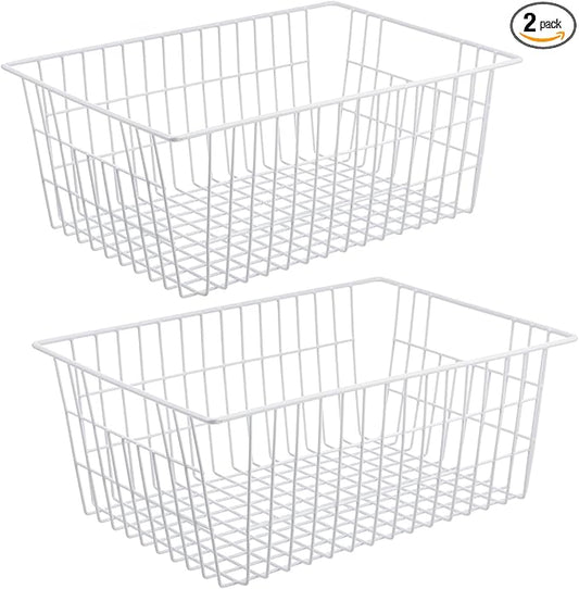 iPEGTOP Wire Storage Freezer Baskets, Set of 2 Large 15.4" Household Metal Organizer Storage Bins Basket for Kitchen Cabinets, Refrigerators, White