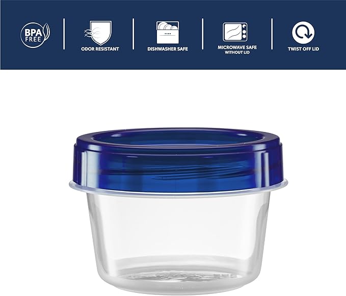 ELEGANT DISPOSABLES Twist Top Containers Small Food Storage Containers Blue Screw on Lid Reusable Stackable Leakproof Airtight, Pack of 20-4 oz containers