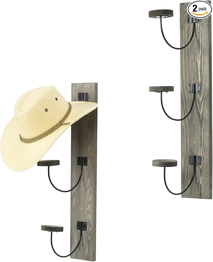 MyGift 2 Pcs Hat Rack Wall Mount, Cowboy Hat Organizer Holder, Coat, Cap Clothes Hanger with Metal Wire and Wood Hooks, Vintage Gray