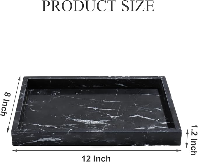 YMXYJM Real Natural Marble Tray for Bathroom, Genuine Marble Stone Vanity Tray, Luxury Storage Trays for Kitchen, Vanity, Home Decor, Dresser, Non-Resin/Non-Ceramic, 12"x 8"x 1.2", Black