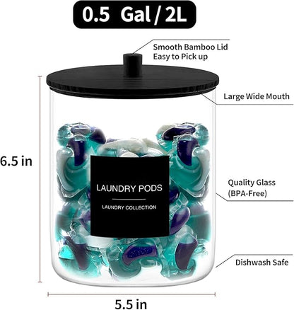 TIPGO Glass Jars for Laundry Room Organization, Laundry Pods Container with 27 Labels, Detergent Holder with Bamboo Lid, Cute Storage Jars, Black (Set of 2)