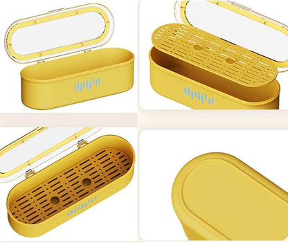 Silverware Organizer with Lid and Drainer, Covered Utensil Tray for Kitchen Drawer and Countertop, Yellow Plastic Cutlery and Flatware Storage Box for Spoons Forks Knives Holder Case