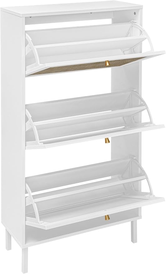 ZeHuoGe Rattan Shoe Cabinet with 3 Flip Drawers, Narrow Hidden Shoe Rack Storage Cabinet for Heels,Slippers, Free Standing Shoe Rack, Entrance Hallway Entryway (White)