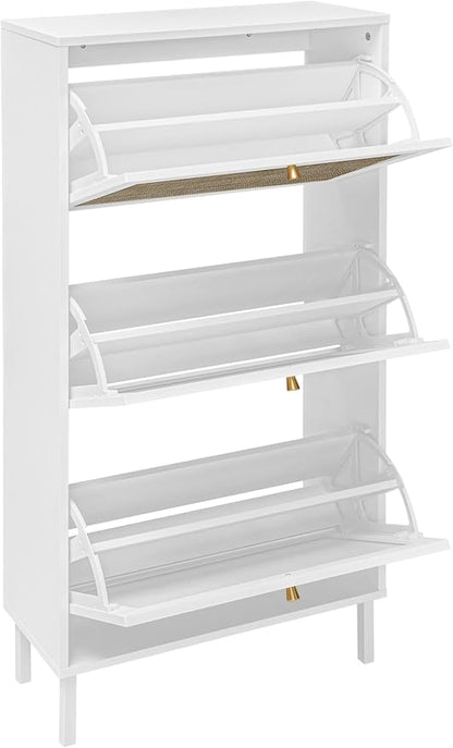 ZeHuoGe Rattan Shoe Cabinet with 3 Flip Drawers, Narrow Hidden Shoe Rack Storage Cabinet for Heels,Slippers, Free Standing Shoe Rack, Entrance Hallway Entryway (White)