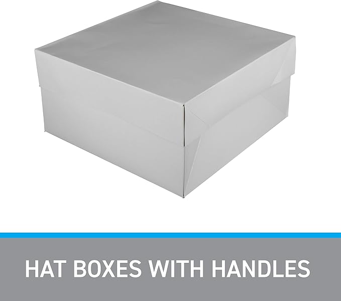 Hat Boxes with Handles - White - 14" x 14" x 7" - Case of 25 - Sturdy White Cardboard Hat Box with Handles - Premium Cardboard Hat Boxes with Lids for Secure Storage - Elegant Hat Box Solution