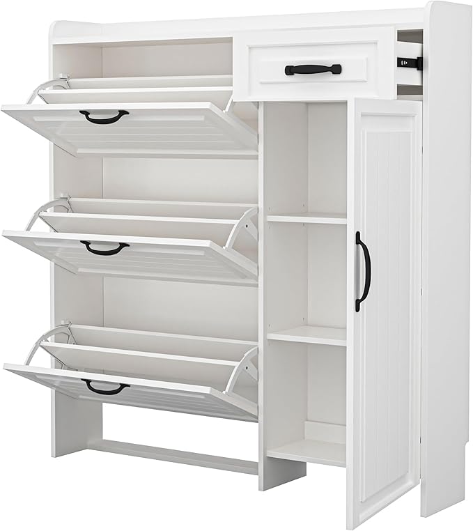 Shoe Cabinet for Entryway, Freestanding Shoe Storage Cabinet with 3 Flip Drawers and Side Cabinet, Narrow Shoe Rack Organizer with Adjustable Shelves, Modern Slim Hidden Shoe Cabinet, White