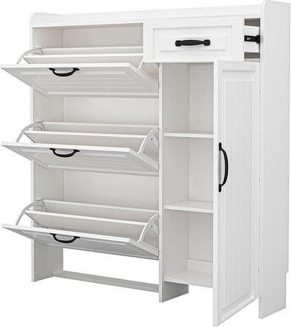 Shoe Cabinet for Entryway, Freestanding Shoe Storage Cabinet with 3 Flip Drawers and Side Cabinet, Narrow Shoe Rack Organizer with Adjustable Shelves, Modern Slim Hidden Shoe Cabinet, White